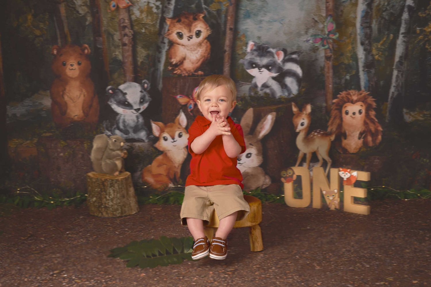 One-year-old boy celebrating his birthday in a woodland photo scene
