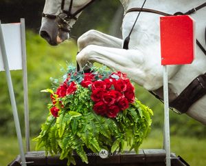 White horse jumping over a fence decorated with vibrant red flowers and lush green ferns at an equestrian event.