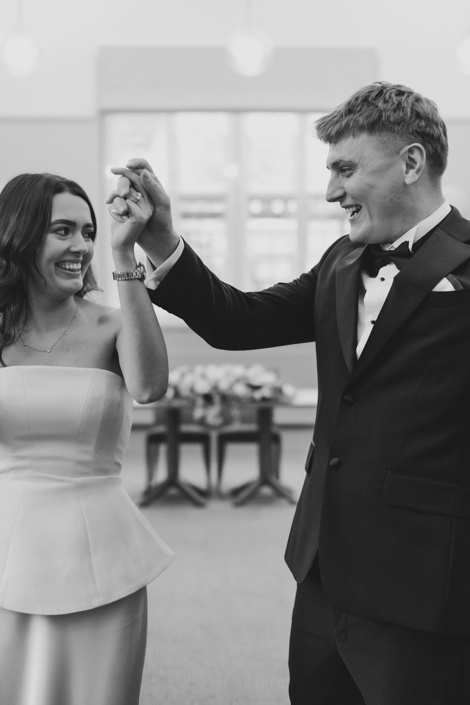 Black and white wedding photo of bride and groom  getting married at their civil ceremony in Stroud.