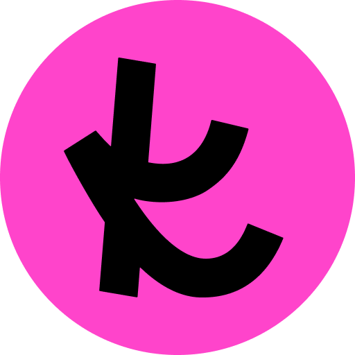 Black stylized letter K on a bright pink circular background.