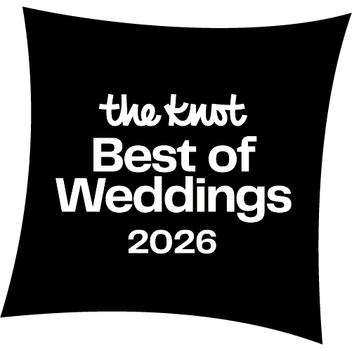 Black and white logo for The Knot Best of Weddings 2026 award with geometric shapes and text.