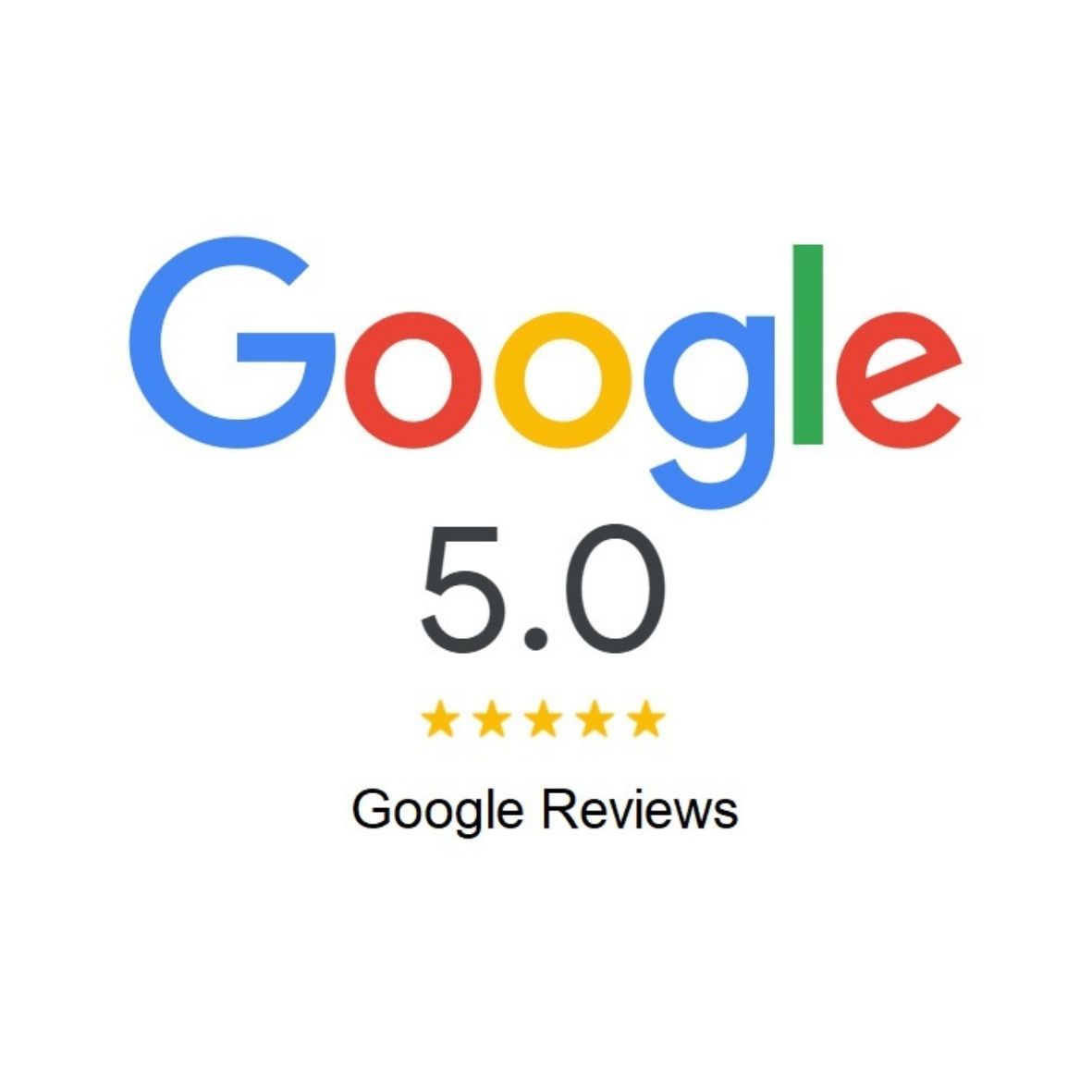Google logo with 5.0 star rating from Google Reviews shown in colorful design.
