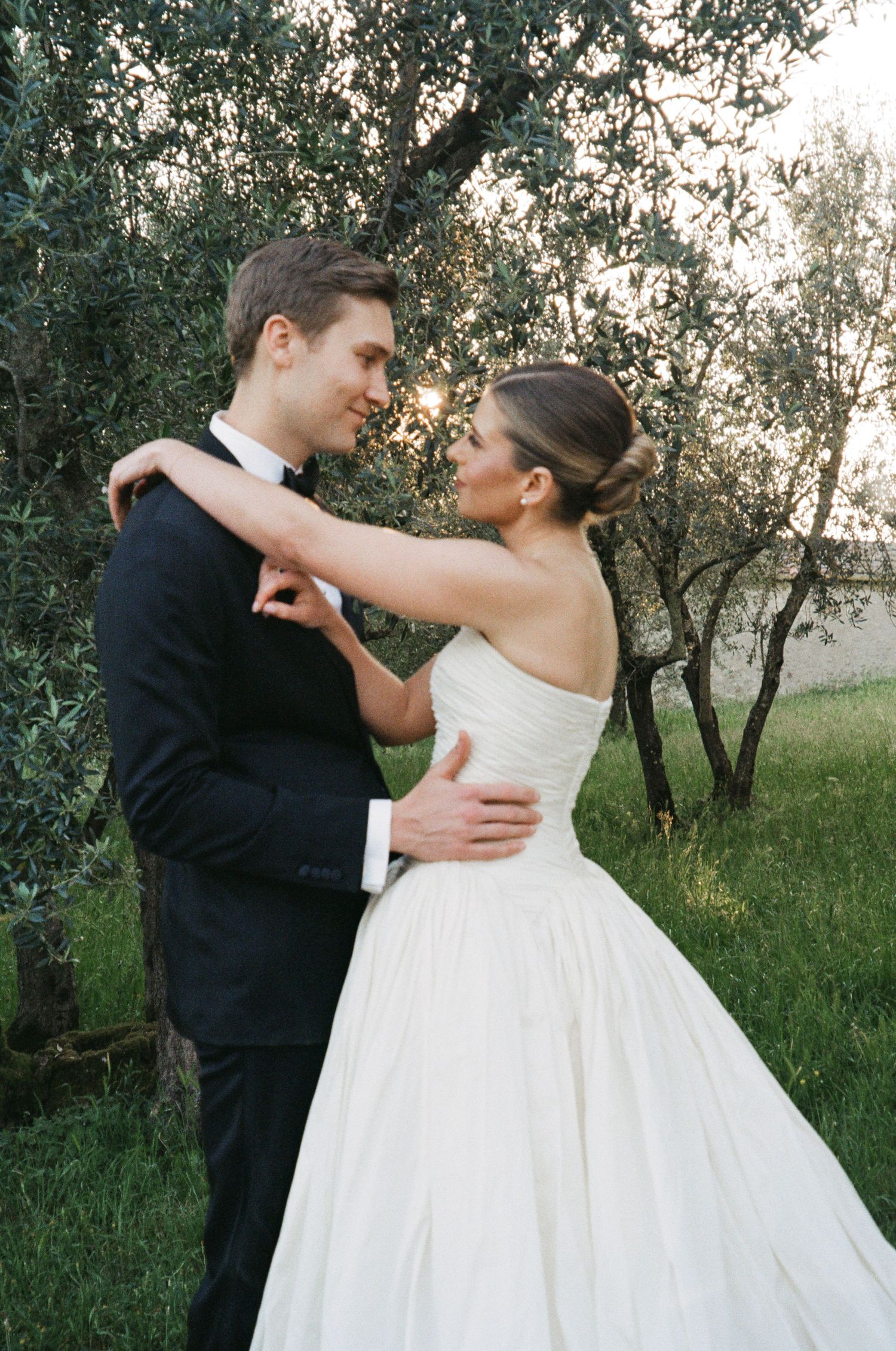 Bride and groom embrace tenderly among olive trees at sunset, she in a strapless ball gown, he in a black tuxedo.