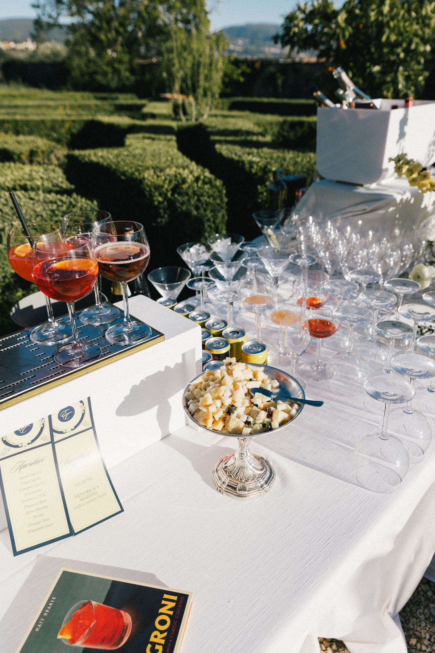 Outdoor cocktail bar setup with Negroni drinks, martini glasses, cheese board, and garnishes on a white tablecloth.