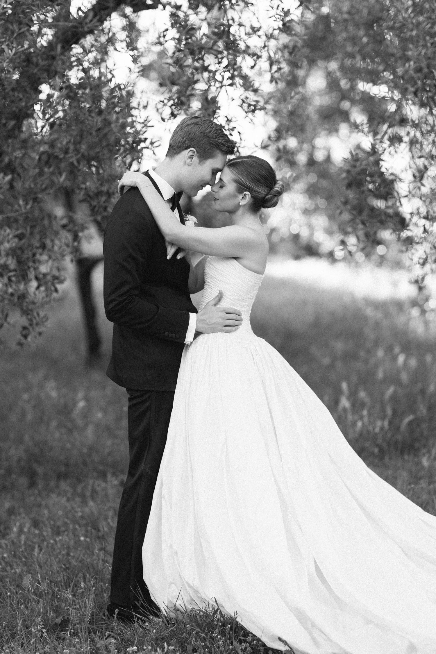 Black and white photo of bride and groom embracing under olive tree in romantic outdoor setting.