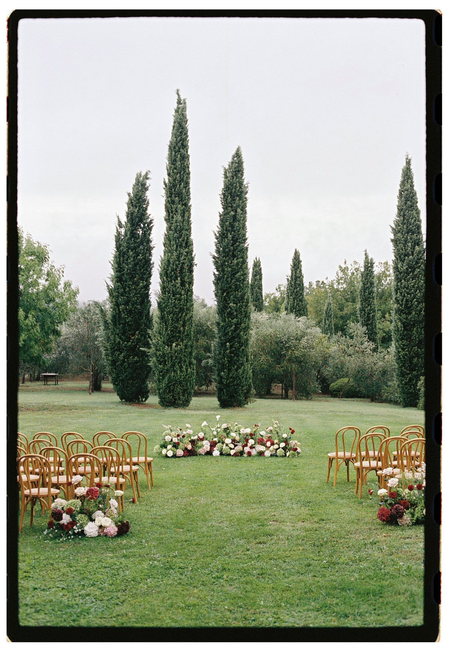 Outdoor wedding ceremony setup with wooden chairs, floral arrangements, and tall cypress trees on a lush green lawn.