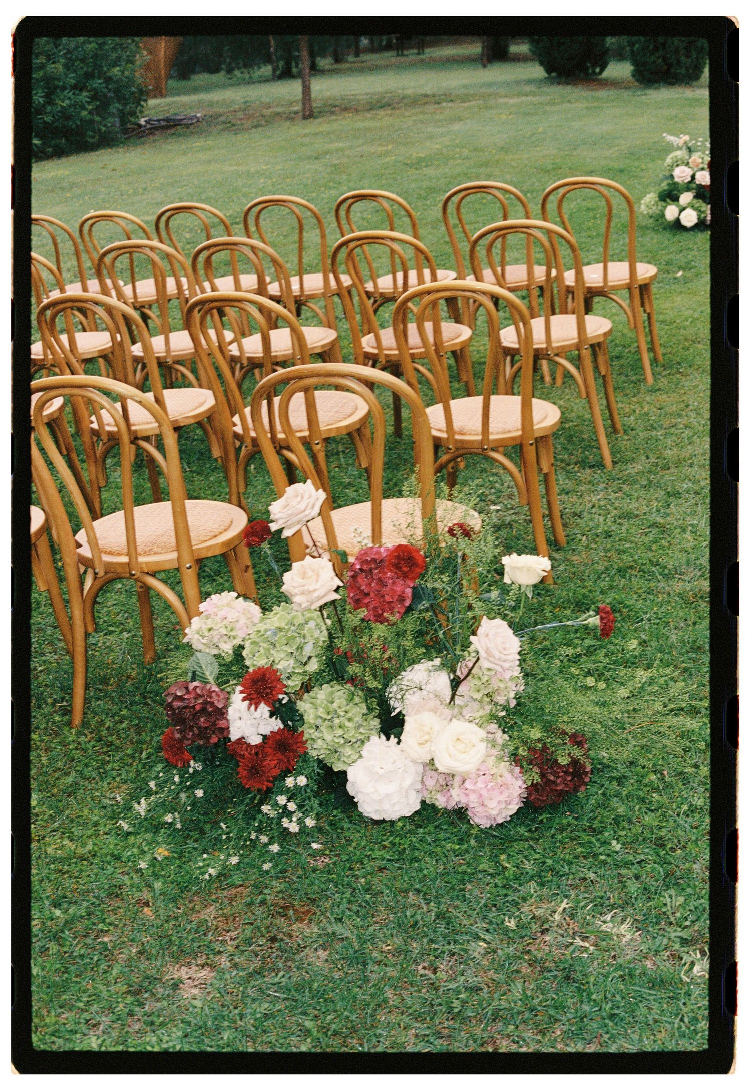Bentwood chairs arranged on green lawn with red and white floral arrangements at the aisle for an outdoor wedding ceremony.