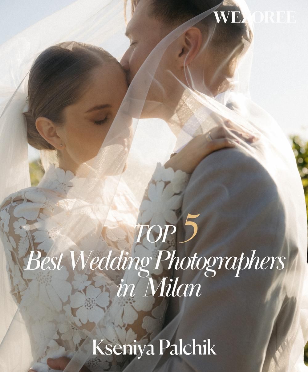 Wedoree top 5 best wedding photographers in Milan feature showcasing Kseniya Palchik with romantic veiled couple portrait.