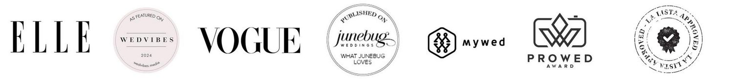 Row of prestigious wedding publication logos including Elle, Vogue, and Junebug Weddings.