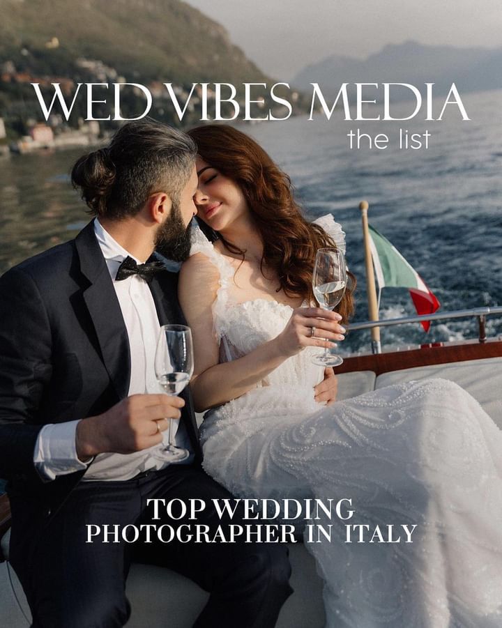 Wed Vibes Media top wedding photographer Italy feature with couple sharing champagne on boat at Lake Como.