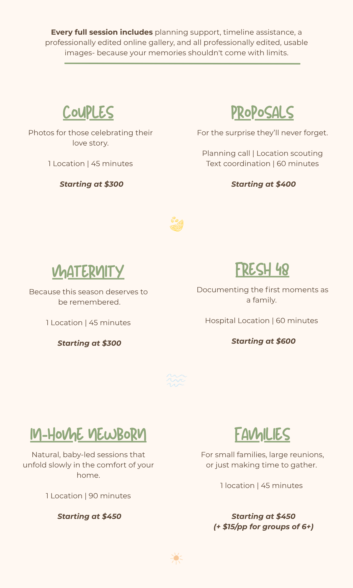 Photography pricing guide showing couples, proposals, maternity, fresh 48, in-home newborn, and family session packages starting at $300.