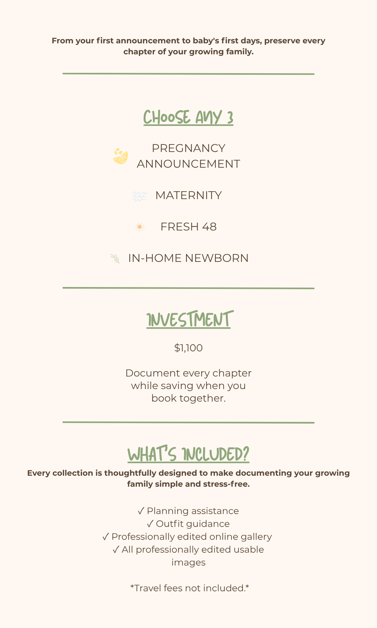 Photography bundle guide offering pregnancy, maternity, Fresh 48, and newborn sessions for $1,100 with planning and editing included.
