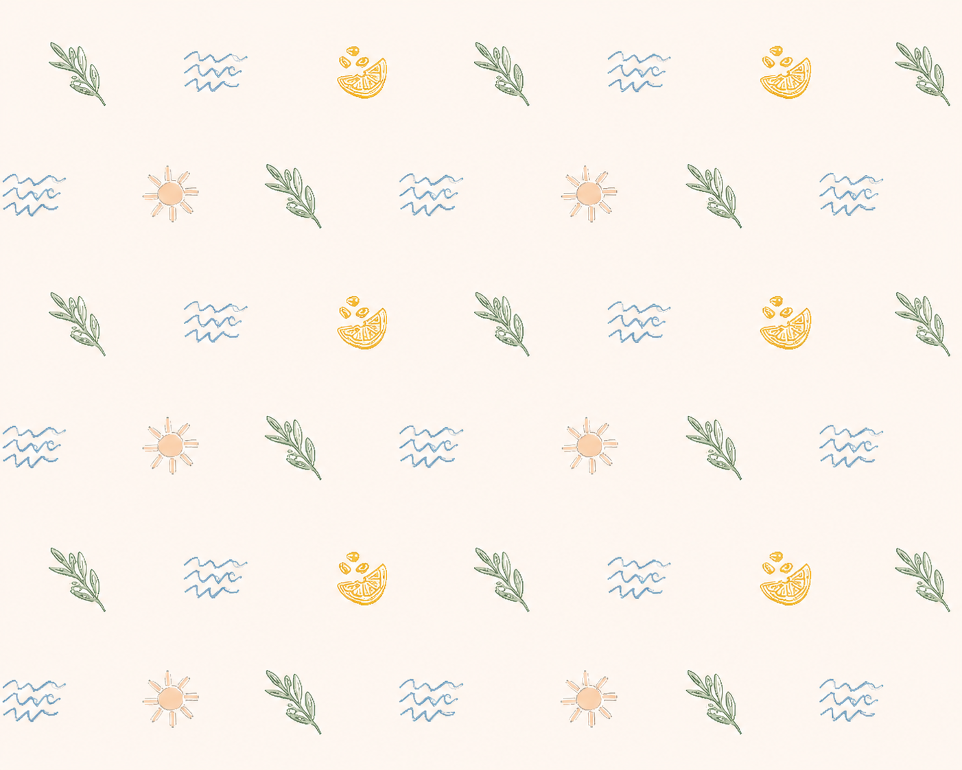 Seamless pattern with sun, waves, and botanical leaves in pastel colors on a light beige background.