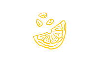 Yellow lemon slice with juice droplets, minimalist line art illustration on white background.