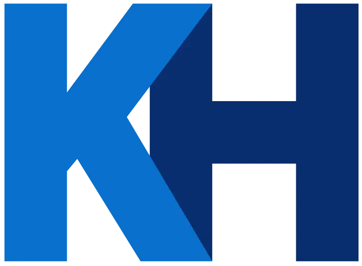 KH logo featuring bold blue letters K and H on a dark blue background.
