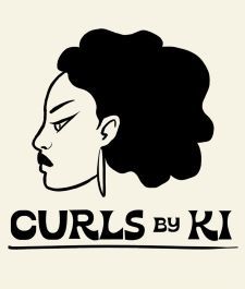 Black and white logo for Curls by Ki featuring a stylish illustration of a woman with a natural afro hairstyle.