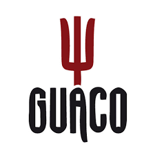 Guaco restaurant logo featuring a red trident symbol above bold black text on a white background.