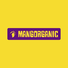Mangorganic brand logo in bold yellow text on a purple banner with a mango icon, set against a bright yellow background.