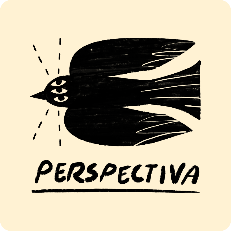 Black bird illustration with radiating lines and bold text reading PERSPECTIVA on a cream background, linocut art style.