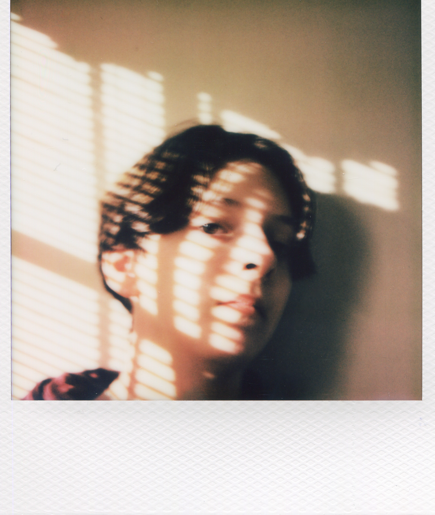 Vintage-style polaroid photo showing shadows from window blinds on wall.