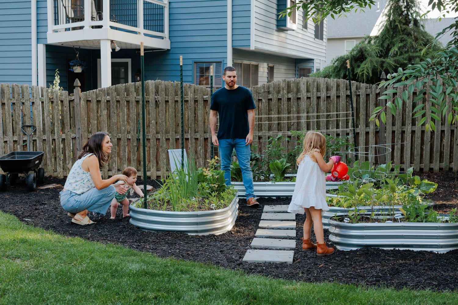 Family tending to raised metal garden beds in a suburban backyard at dusk.