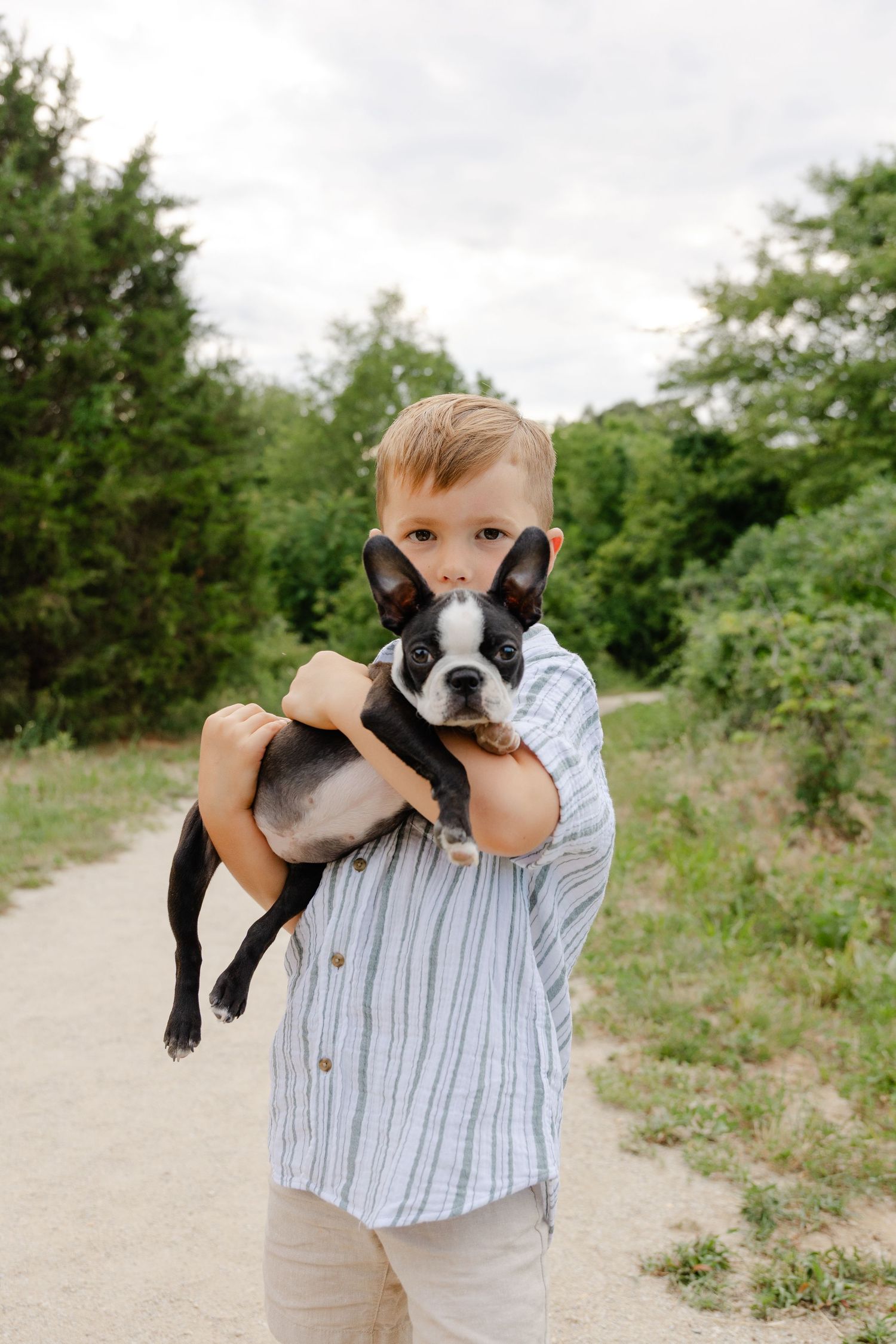 Young boy in blue striped shirt proudly holds a Boston Terrier puppy outdoors.