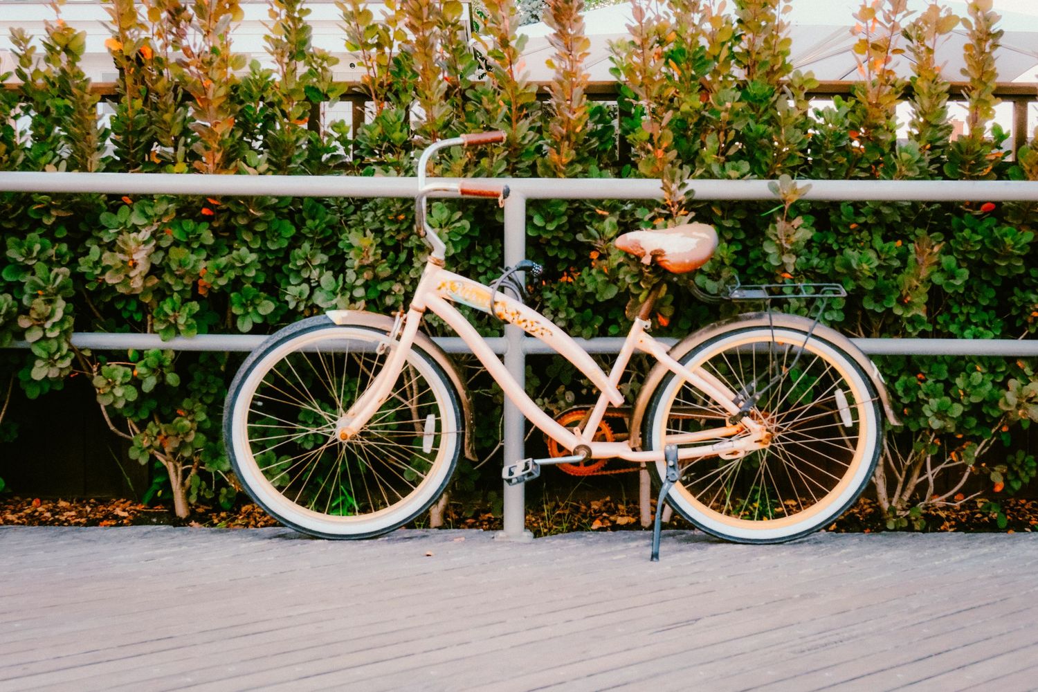 White vintage bicycle parked against a white railing with green foliage in the background.