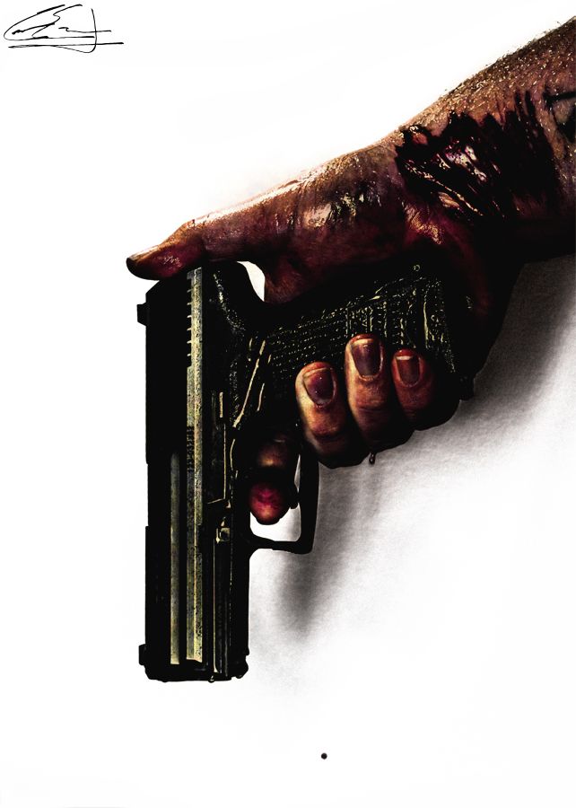 A bloody injured hand gripping a black semi-automatic handgun against a white background.