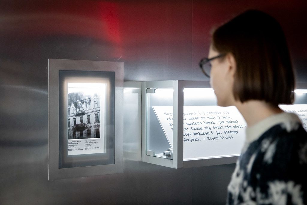 Woman examining historical photographs in illuminated museum display cases.