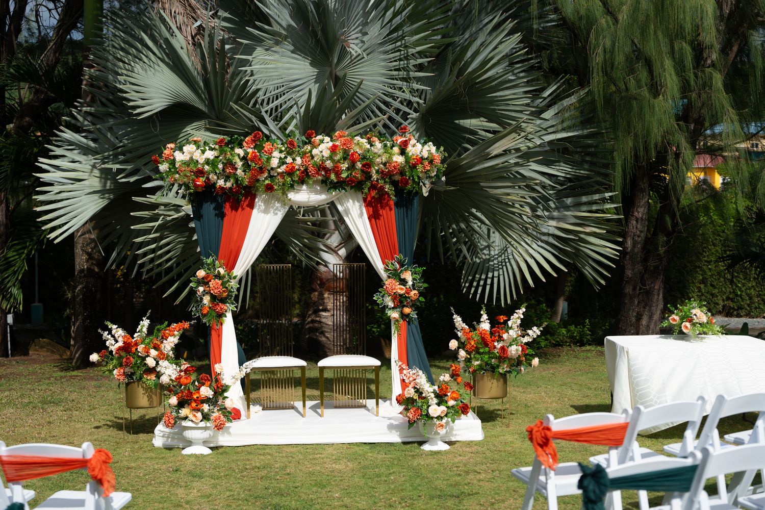 Elegant wedding decor setup in St Lucia with romantic forest design, floral arrangements, and destination wedding styling details