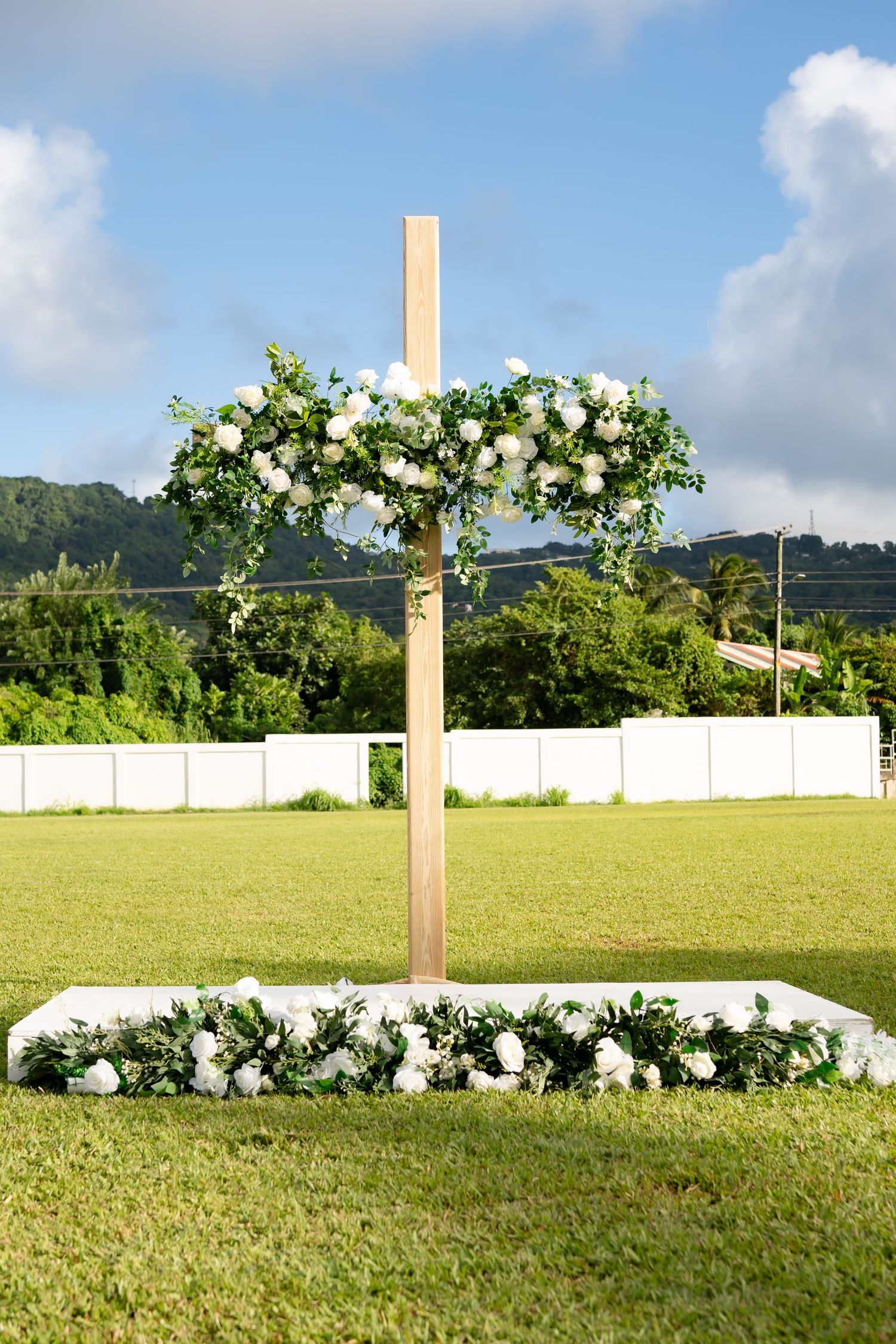 Elegant wedding decor setup in St Lucia with romantic forest design, floral arrangements, and destination wedding styling details