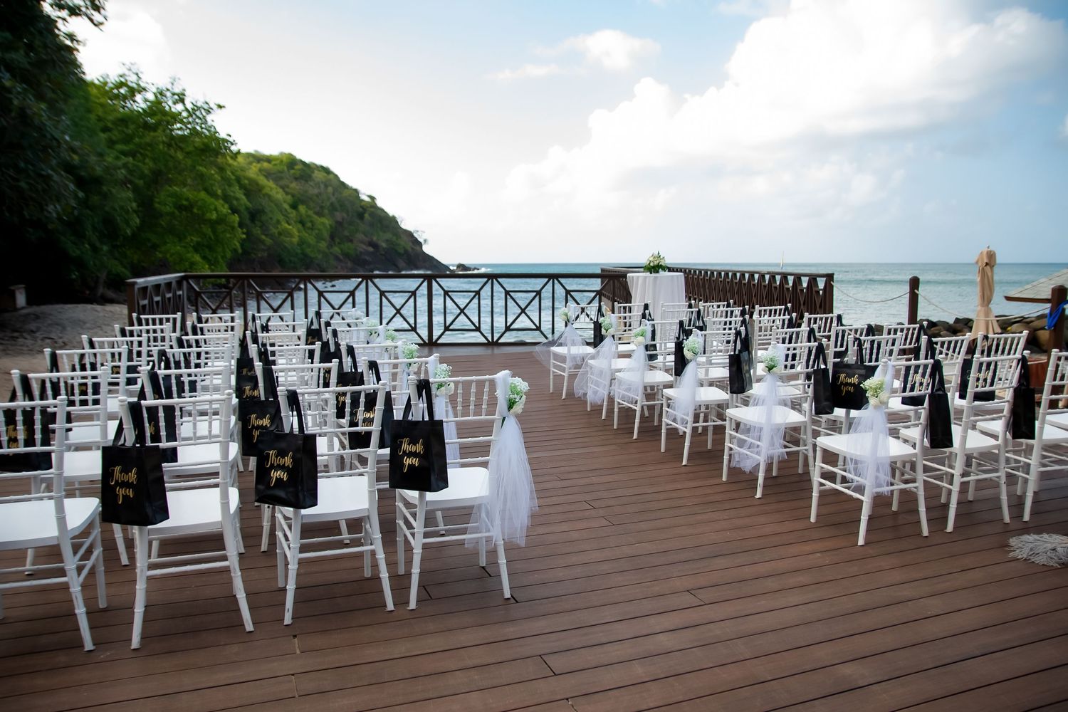 Elegant wedding decor setup in St Lucia with romantic beach design, floral arrangements, and destination wedding styling details