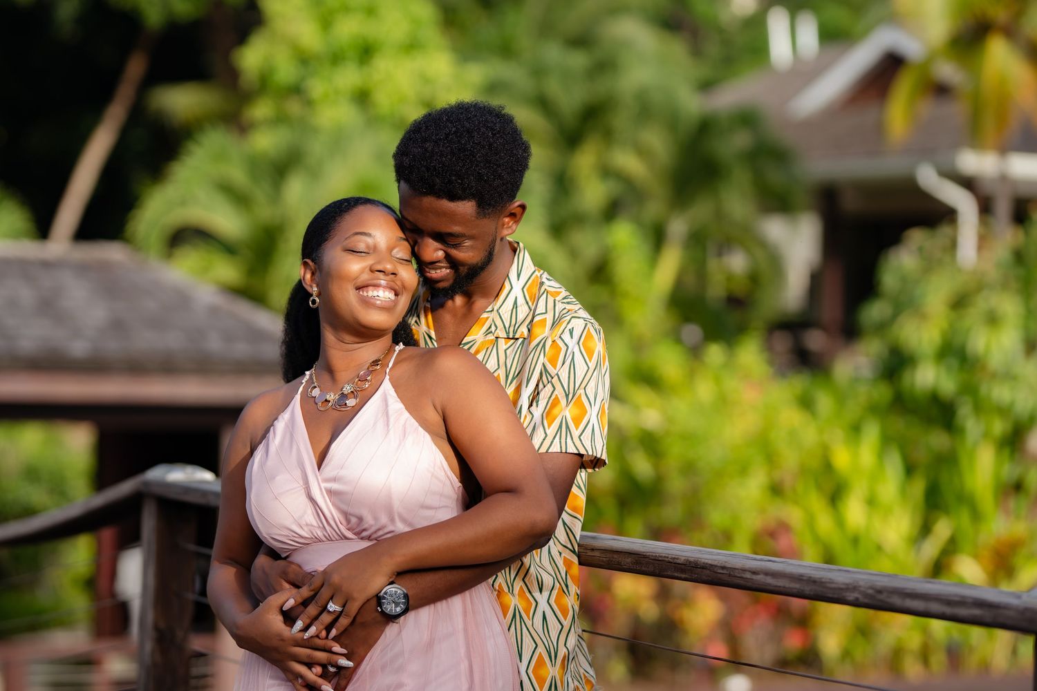 Happy wedding couple in St Lucia during couples photoshoot, capturing real emotion, connection, and authentic moments together