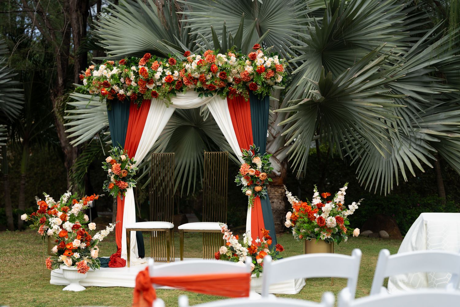Elegant wedding decor setup in St Lucia with romantic forest design, floral arrangements, and destination wedding styling details