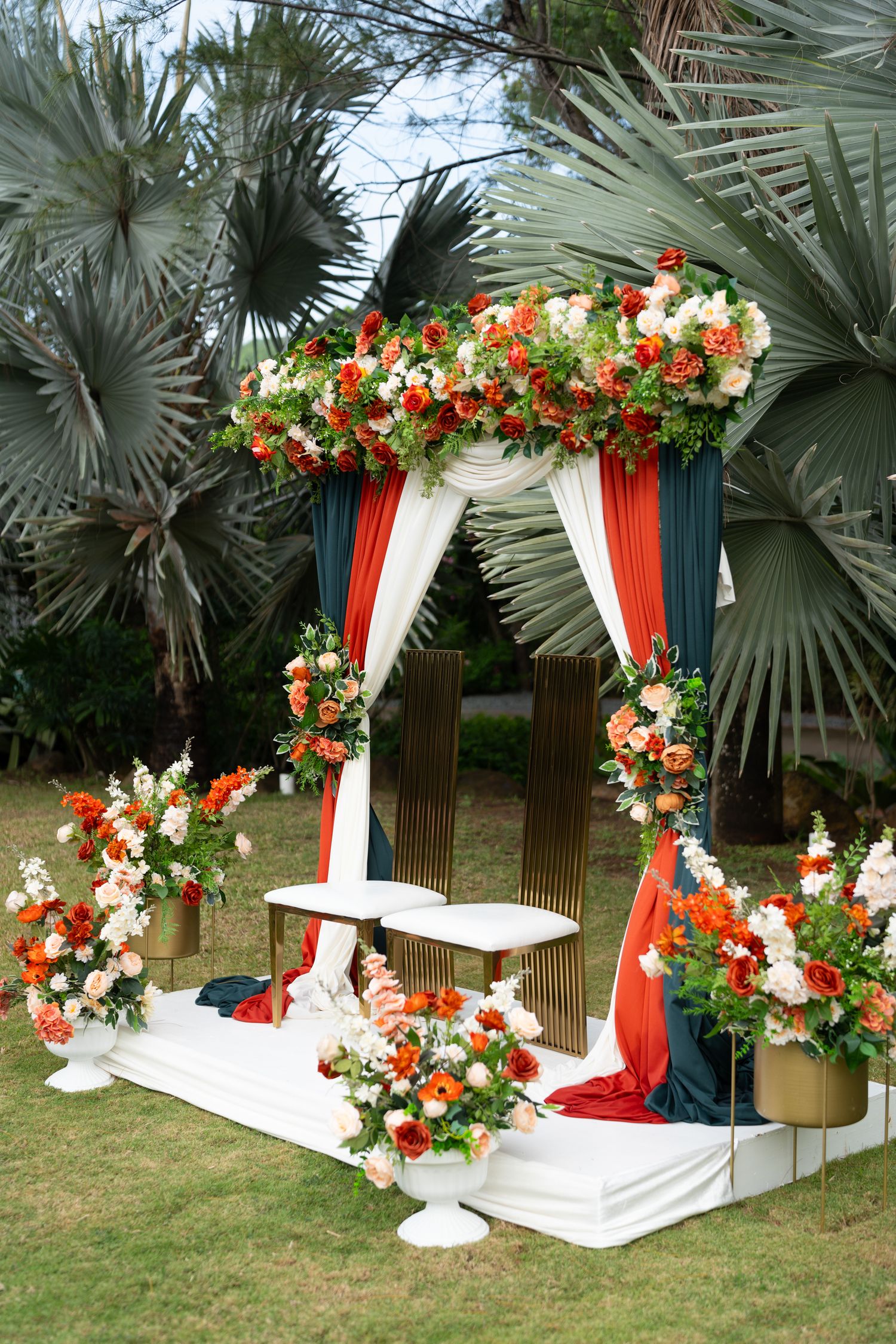 Elegant wedding decor setup in St Lucia with romantic forest design, floral arrangements, and destination wedding styling details