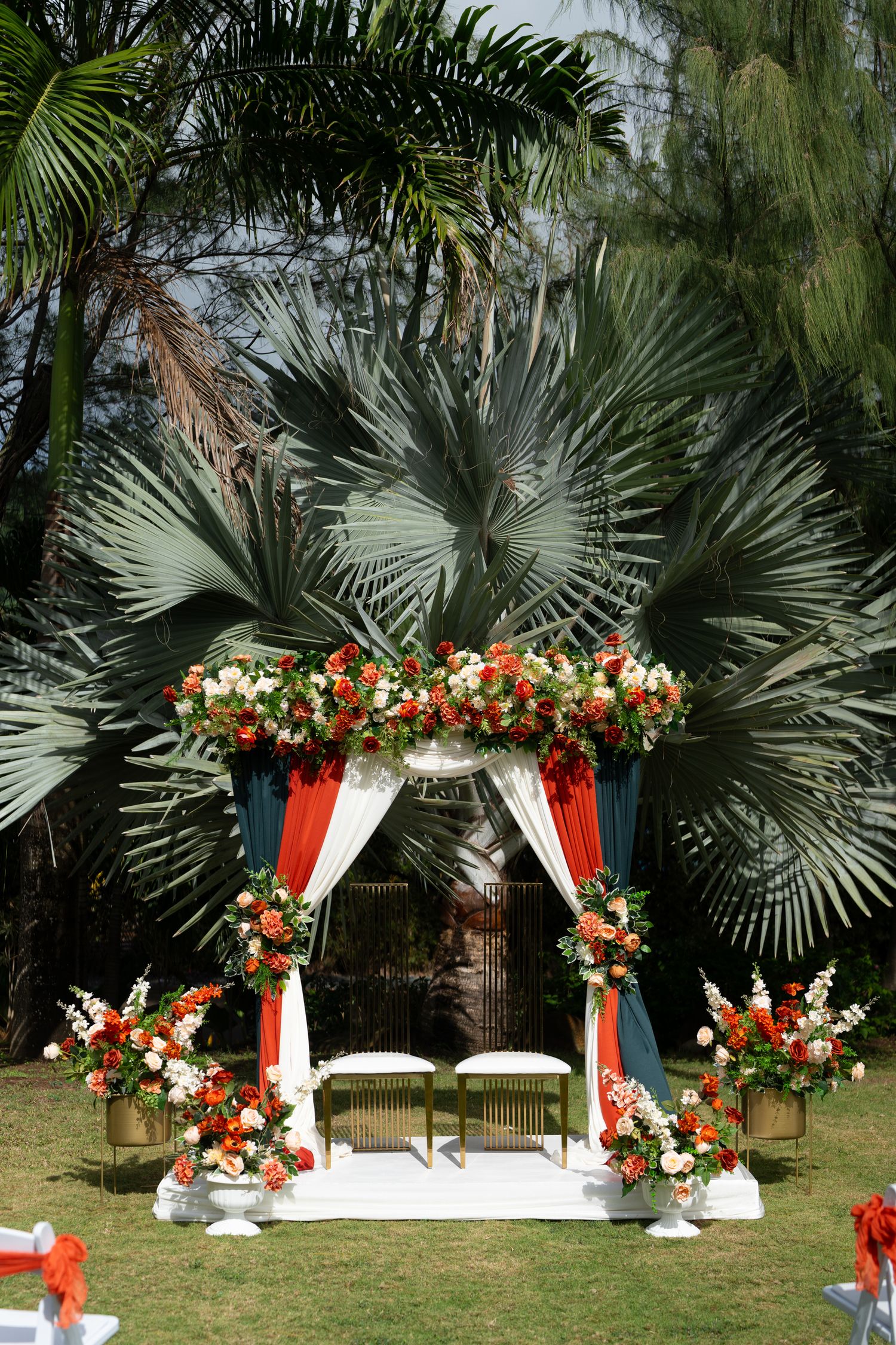 Elegant wedding decor setup in St Lucia with romantic forest design, floral arrangements, and destination wedding styling details