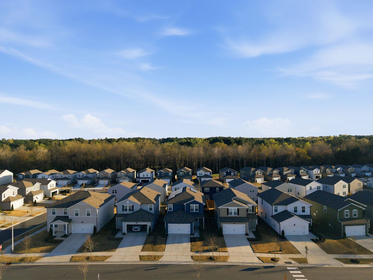 Aerial drone view of a suburban neighborhood featuring rows of single-family homes bordered by trees.