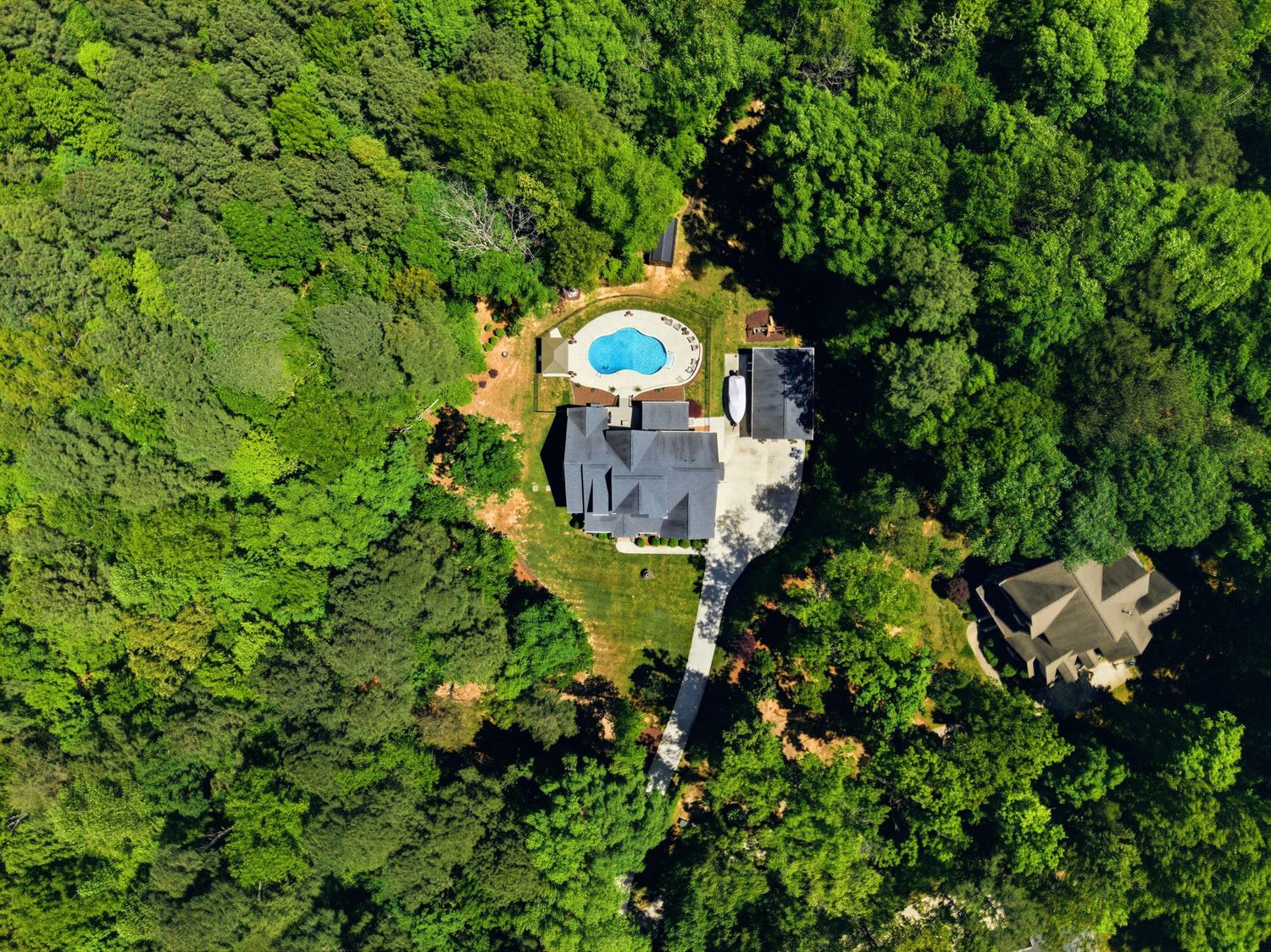 Aerial view of secluded estate with oval pool surrounded by dense green forest canopy.