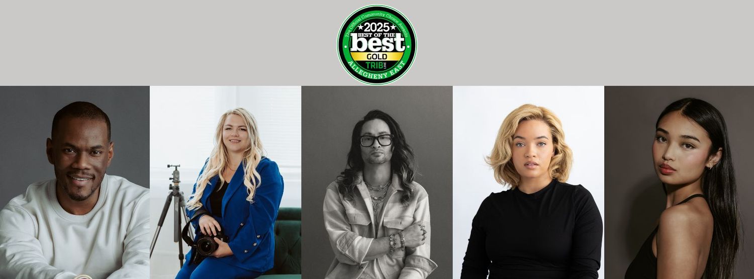 collage banner of headshots by ash coniglio photography, with Trib Live's Best of the Best Pittsburgh seal.
