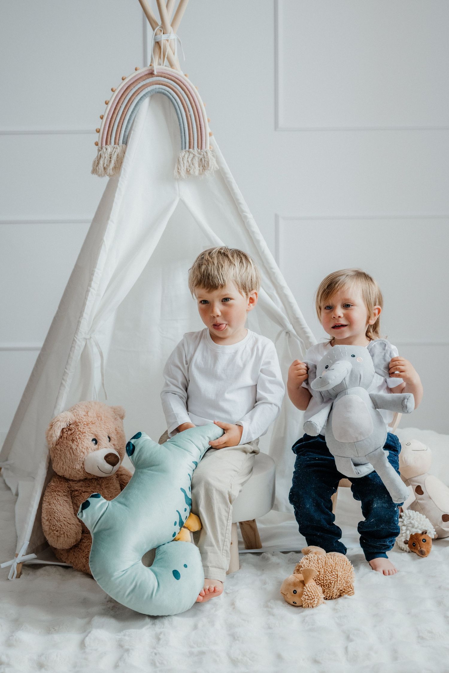 Two young boys standing near a white teepee with stuffed animals on a fluffy white rug.