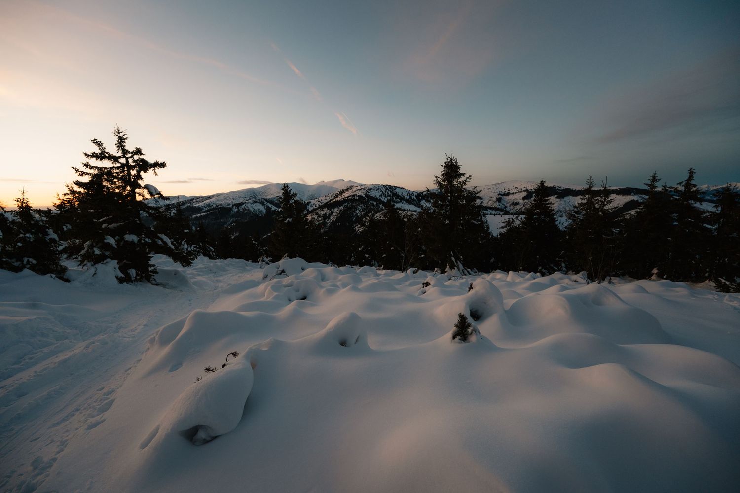 Snow-covered winter landscape with pine trees silhouetted against colorful sunset sky.