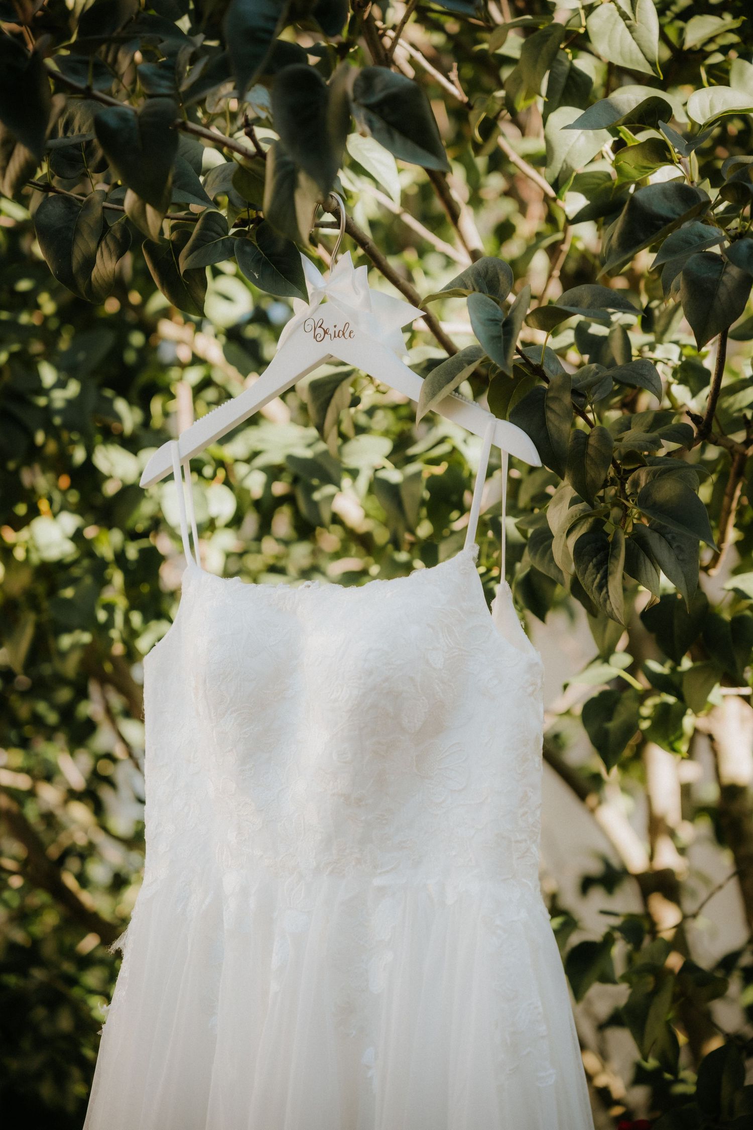 White lace wedding dress hanging on a Bride hanger in a sunlit green tree outdoors.