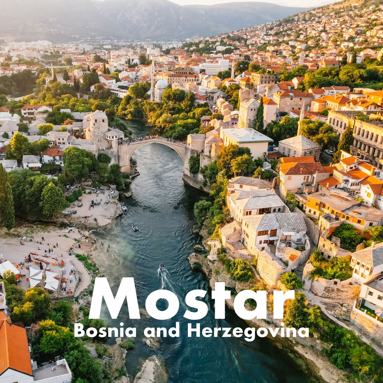 Aerial view of Mostar, Bosnia and Herzegovina, featuring the iconic Old Bridge.