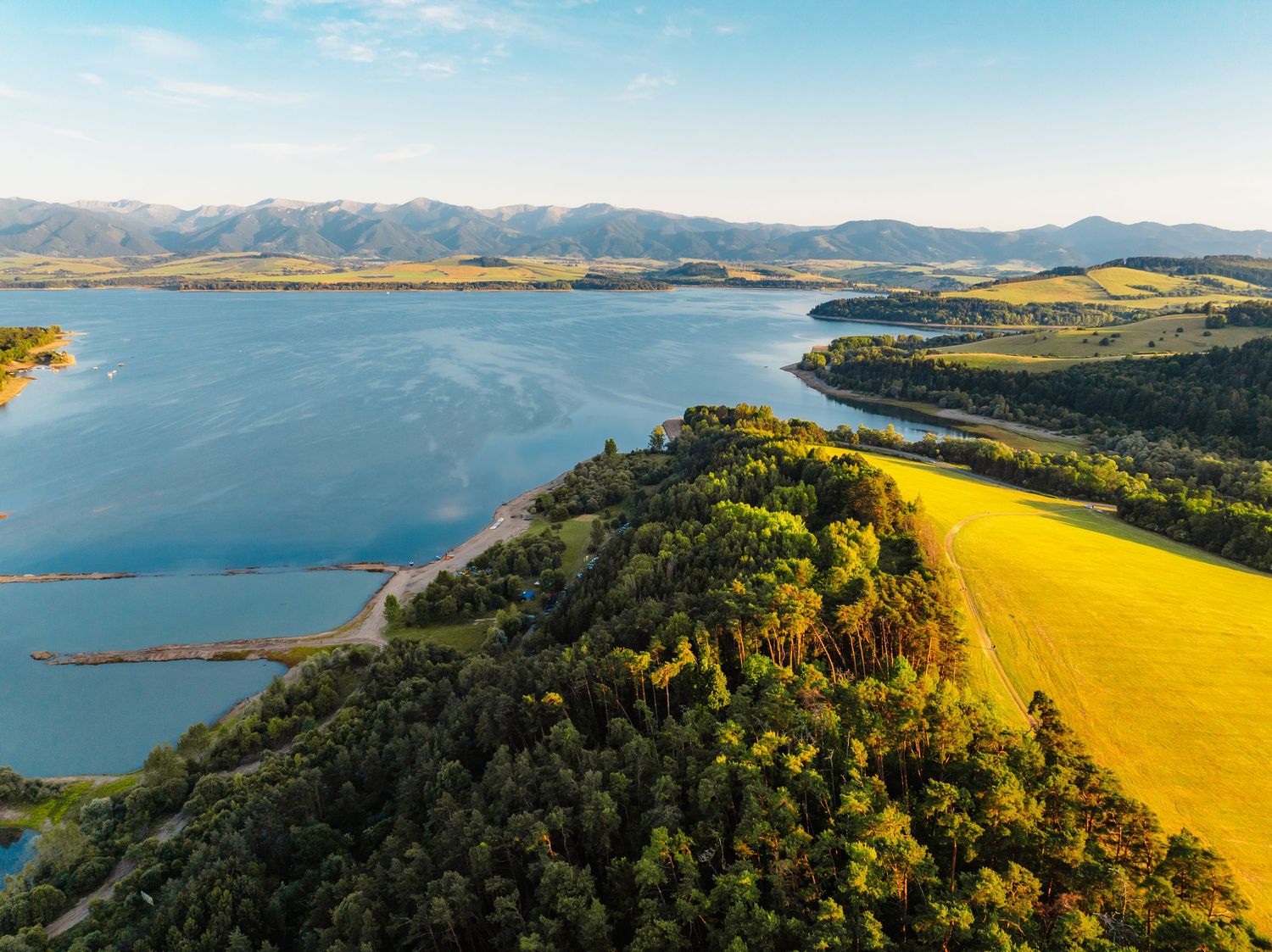 Aerial view of a scenic lake surrounded by green forests and yellow rapeseed fields with mountains.