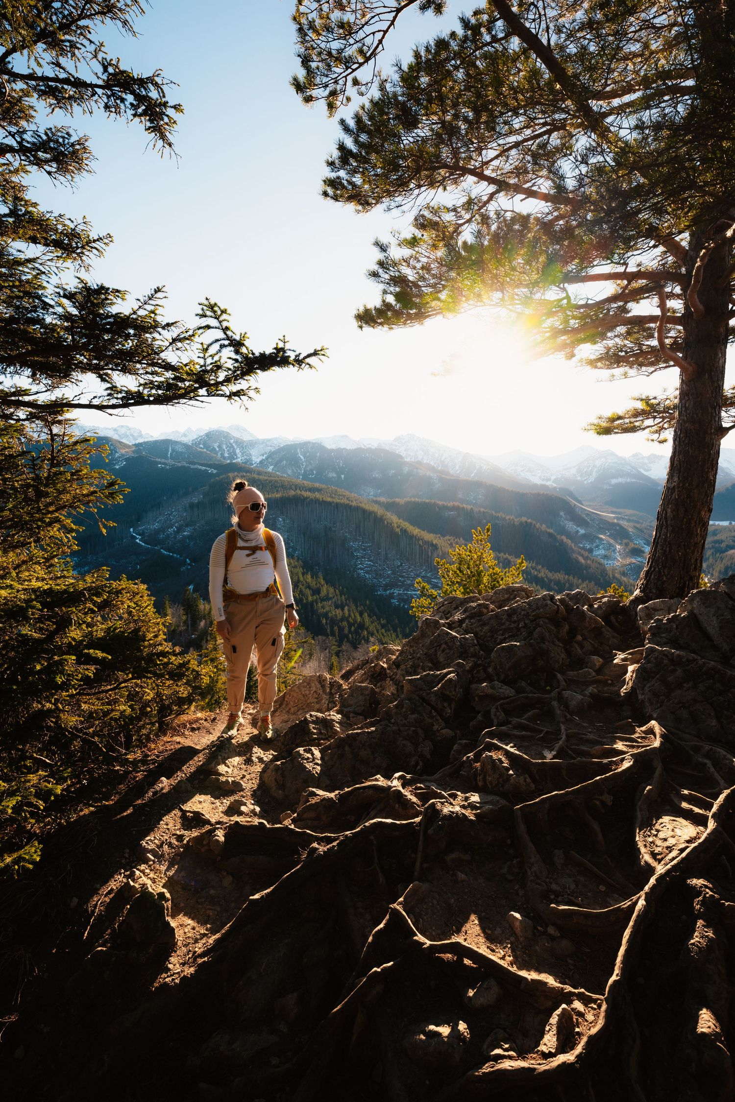 Female hiker with backpack standing on rocky mountain summit with sunburst through pine trees.