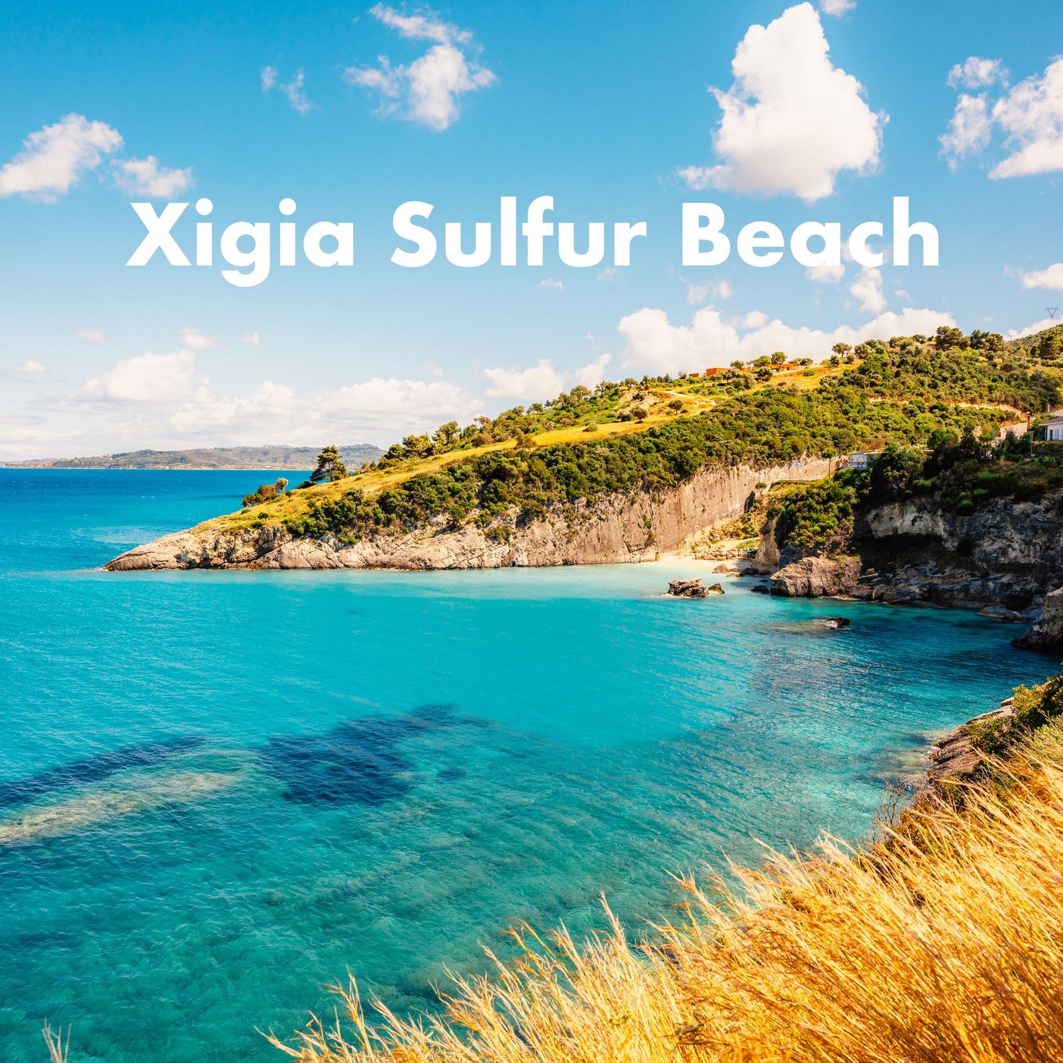 Scenic view of Xigia Sulfur Beach in Zakynthos, Greece, with turquoise waters and golden coastal cliffs.