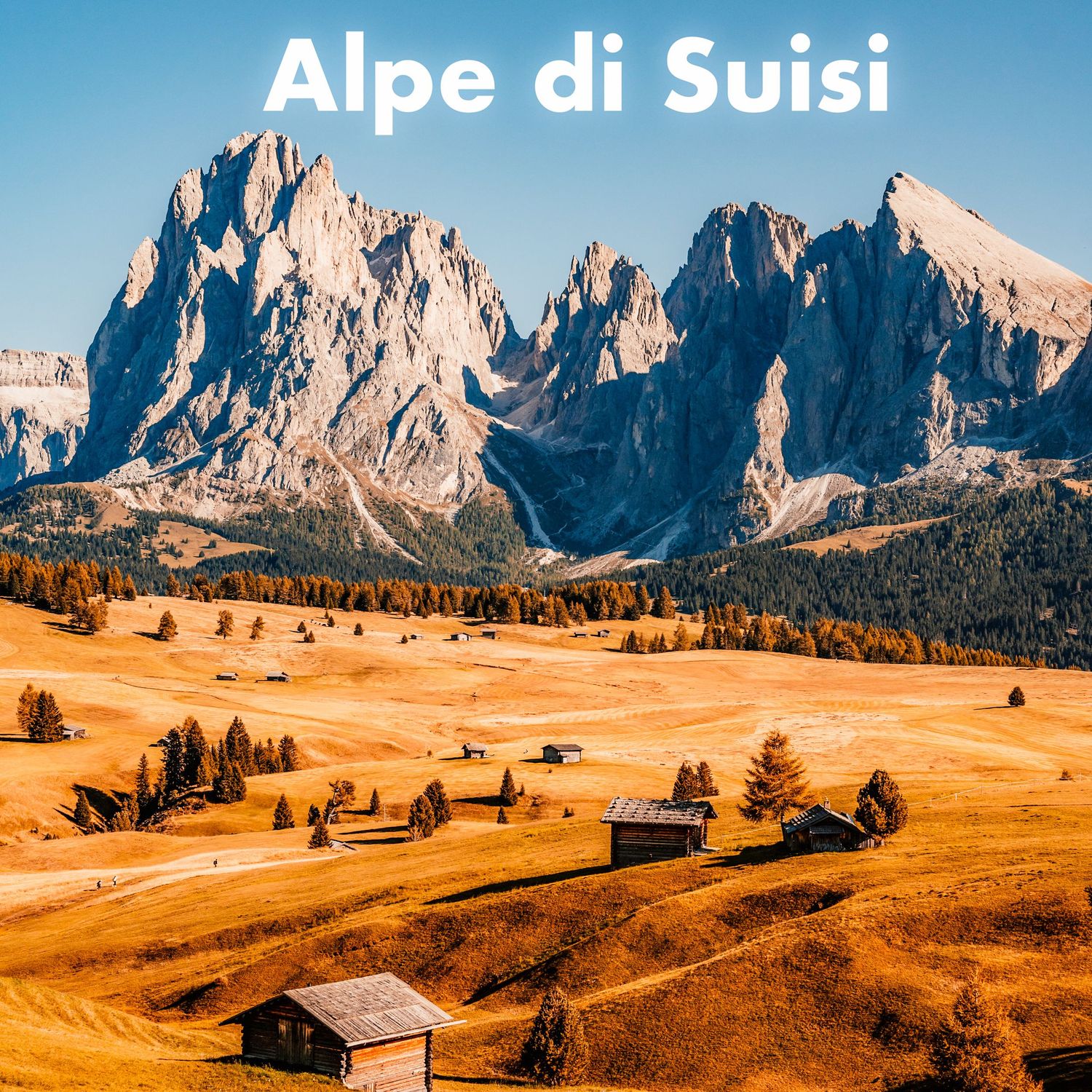 Alpe di Suisi alpine meadow in autumn with golden grass, wooden huts, and rocky Dolomite peaks.