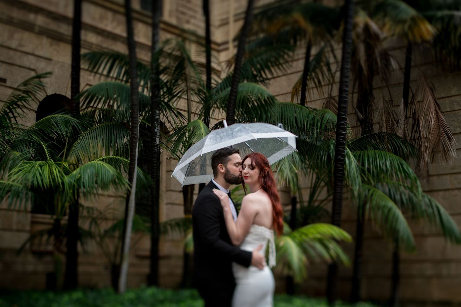 Elegant couple shares romantic moment under umbrella surrounded by palm trees.
