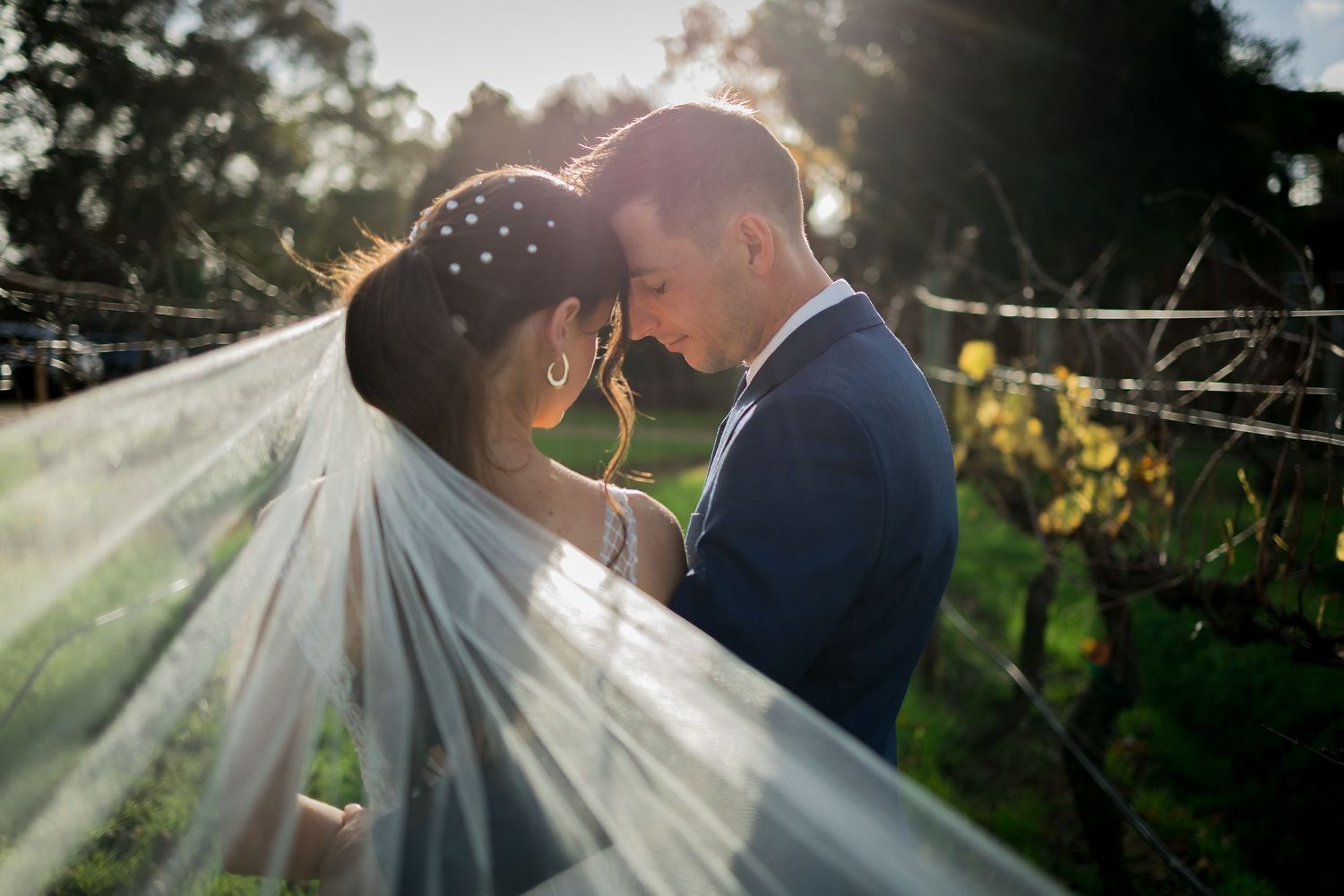 Bride and groom share an intimate moment under a flowing veil in a sunlit vineyard on their wedding day.