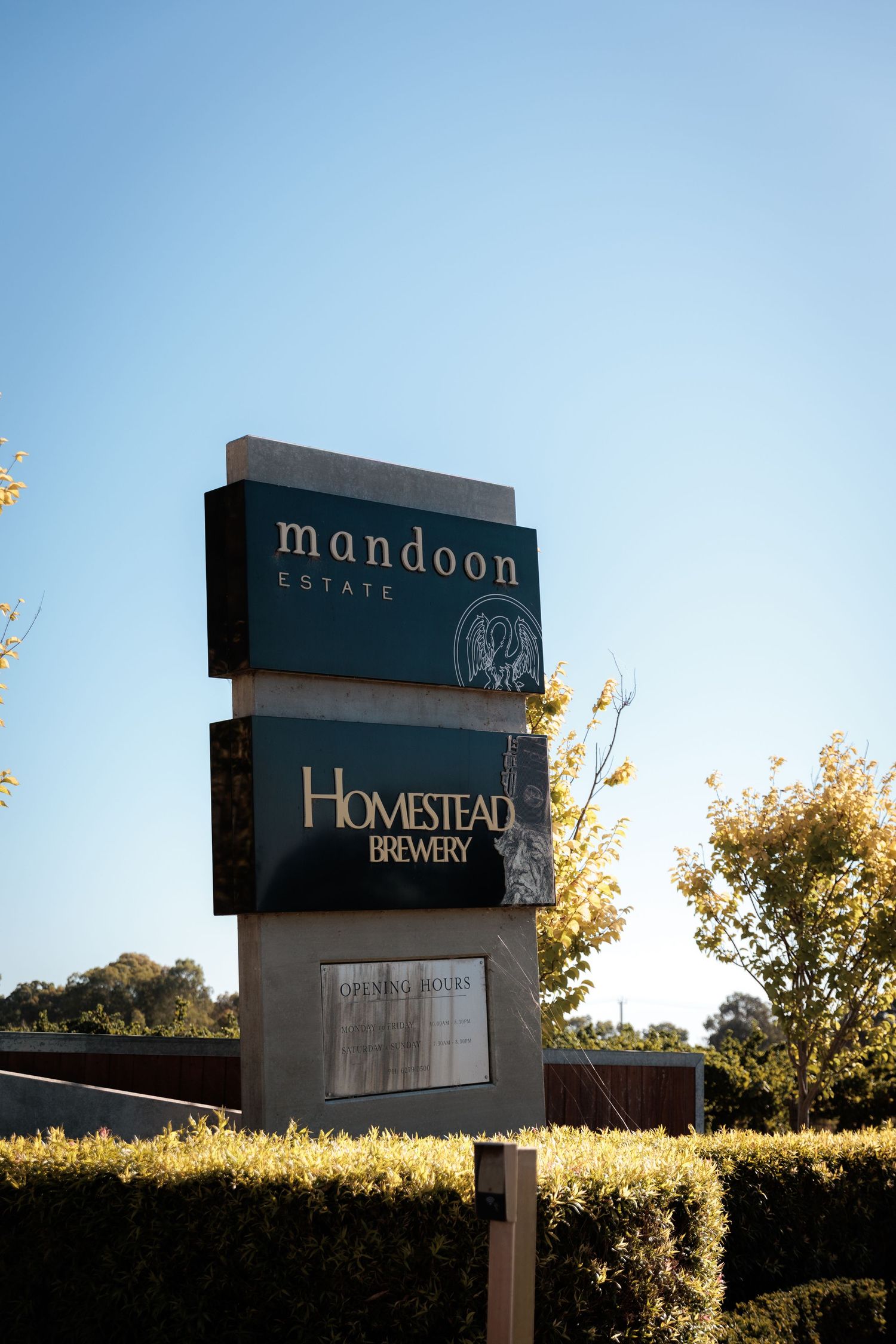 Mandoon Estate and Homestead Brewery entrance sign surrounded by lush hedges under a clear blue sky.